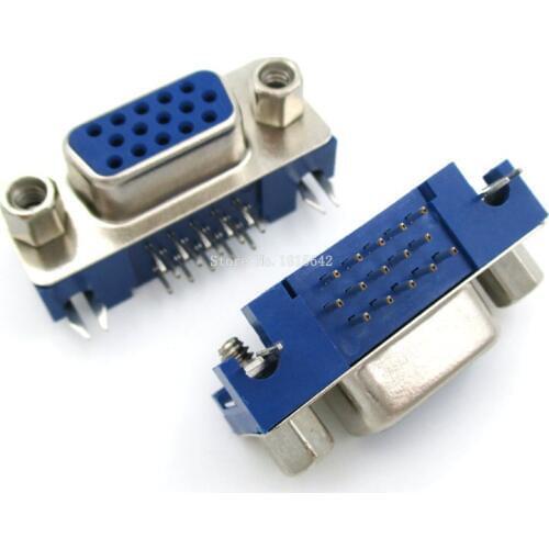 5PCS/LOT DB15 DR15 3Rows Blue Parallel Port 15 Pin D Sub Female 15 Way PCB 90 Degree Connector DB15 Socket Plug VGA Adapter