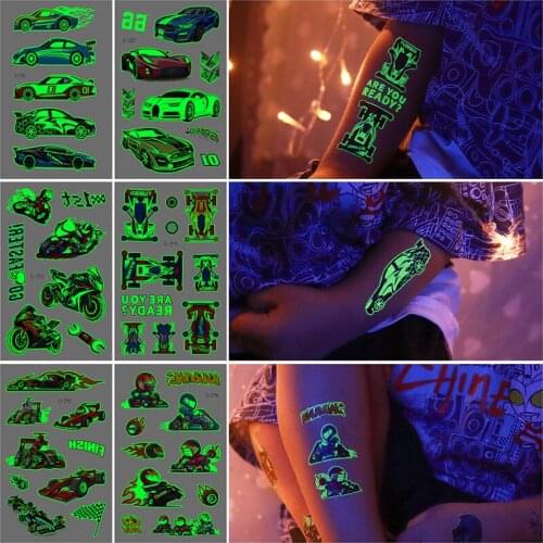 6PCS Childrens Cool Luminous Racing Motorcycle Luminous Tattoo Stickers Boys New Racing Waterproof Temporary Tattoo Stickers