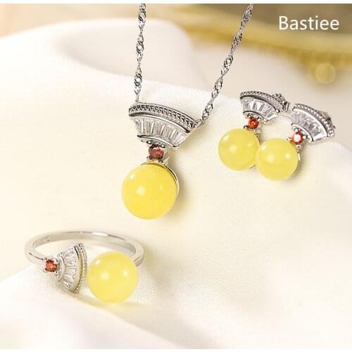 Bastiee Fan Amber Beads 925 Sterling Silver Jewelry Sets For Women Rings Necklace Pendants Stud Earrings Gift Golden Plated