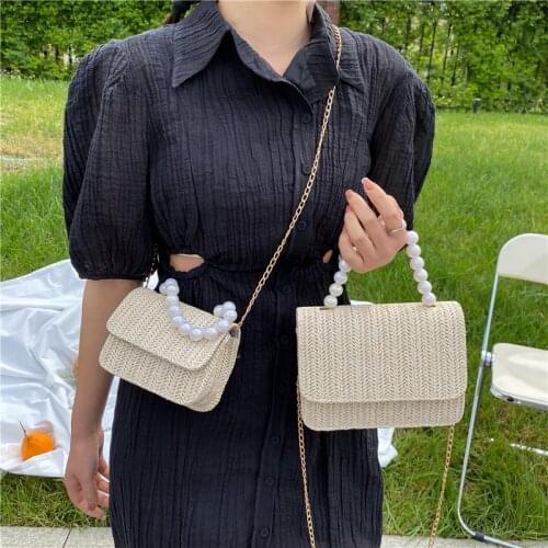Bohemian Summer Vacation Casual pearl Handbag And Purse Straw Beach Bag Vintage Handmade Woven Rattan Shoulder Bags for Wome