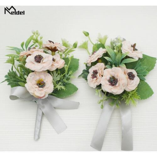 Meldel Wrist Flower Cuff Bracelets Bridesmaid Man Boutonniere Wedding Corsage Bracelet Silk Roses Daisy Wedding Corsage Pin