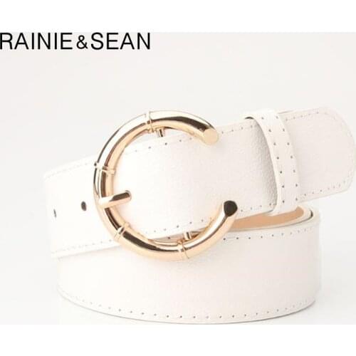 RAINIE SEAN Brand Belt Women White Leather Waist Belt Female Pin Buckle Designer Pu Leather Ladies Belt For Dresses