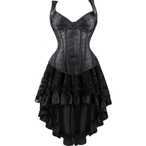 Burlesque Corset and Skirt Set Irregular Lace Up Gothic Bustier Corset Dresses for Women Vintage Shoulder Straps Plus Size