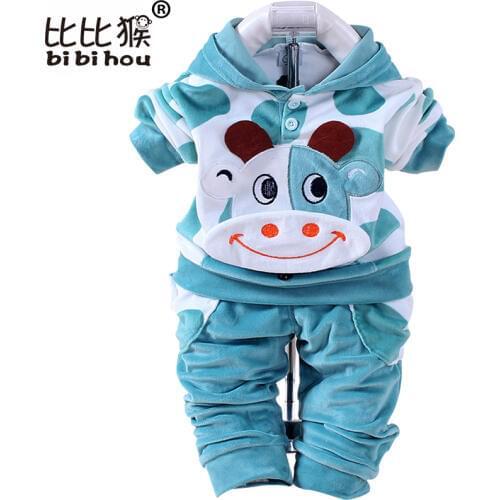 Baby Boys Girls Cartoon Cow Velvet Clothing set Children Hooded Pants Infant Boy Girl Clothes Sport Sets Christmas Newborn Bebes