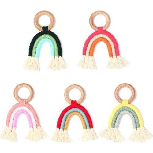 Baby Teething Wooden Ring Rainbow Tassel Macrame Cotton Boho Newborn Nursing Teether Toy Shower Gift