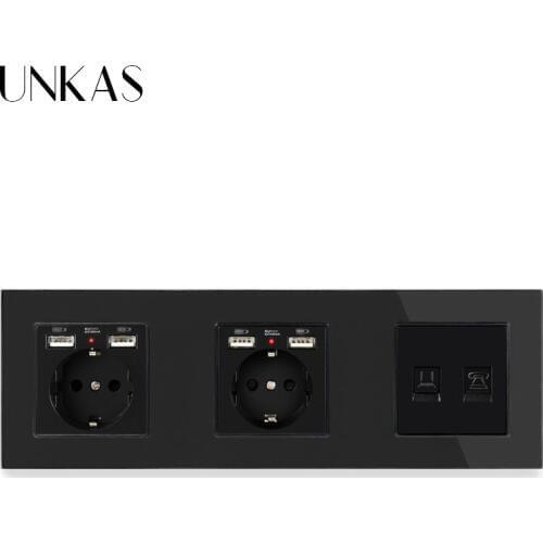 Glass Panel Double EU Standard Socket + 4 USB Charge Port RJ45 Internet Jack With Internet Computer Data RJ45 CAT5E