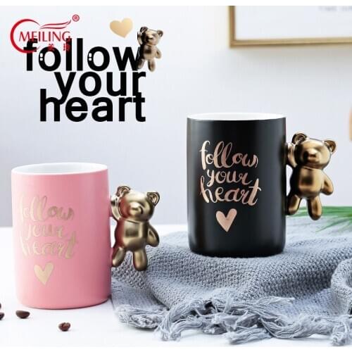 Follow Your Heart Mugs With Gold Bear Handle Creative Ceramic Coffee Cups Pink Black Cute Mug Gift For Girls Couple Friends Boss
