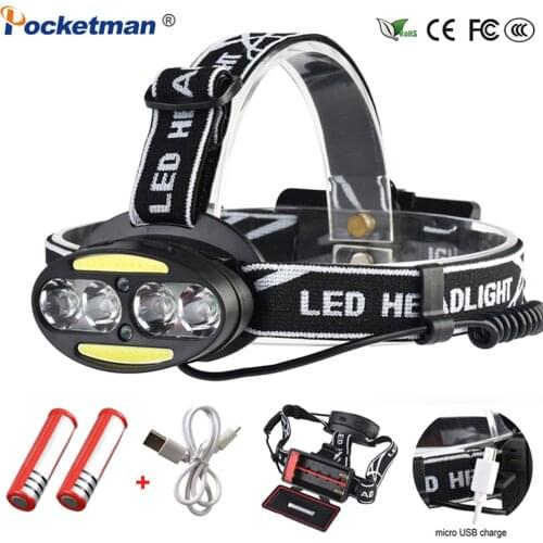 Headlight USB Rechargeable Headlamp 4* XM-L T6 +2*COB+2*Red LED Head Lamp Flashlight Torch Lanterna with batteries charger
