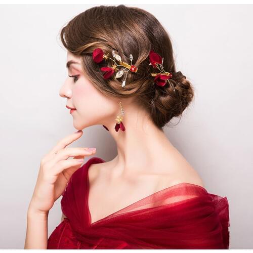 Red Wedding Bride Headdress Hairpin Clip Jewelry Set Accessories Flowers Ornaments New styles of Roses Goddes Style Barrettes