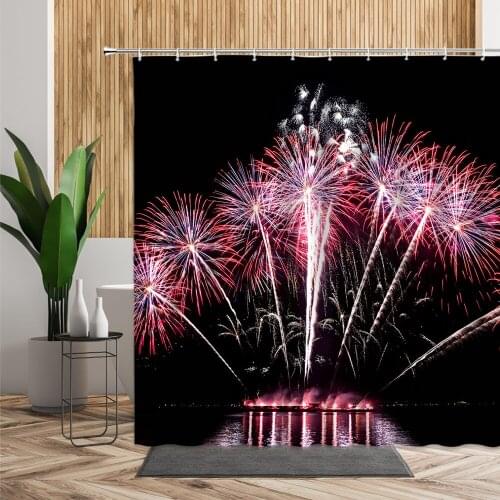 Colorful Fireworks Shower Curtain Aerial Natural Landscape Home Decoration Waterproof Bathtub Bath Curtains Set Machine Washable