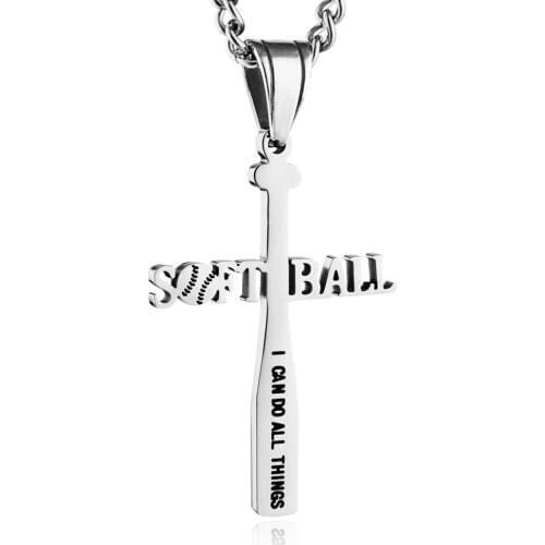 HZMAN Softball Bat Cross Pendant, I CAN DO ALL THINGS STRENGTH Bible Verse Stainless Steel Necklace
