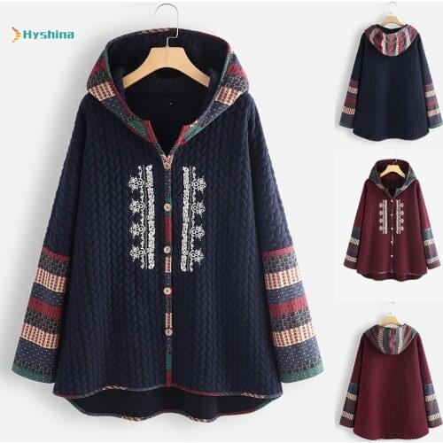 Autumn and Winter New Hooded Single Breasted Ethnic Style Printed Lace Long Sleeve Jacket for Women