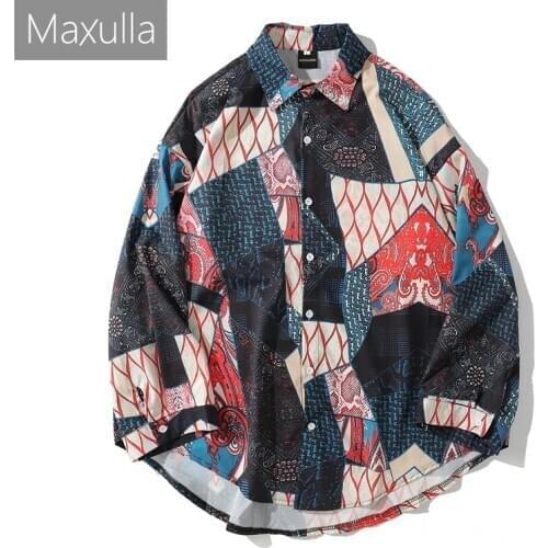 Maxulla Mens Long Sleeve shirt print single breasted Hip Hop stlye casual shirts Oversized Streetwear Mla004