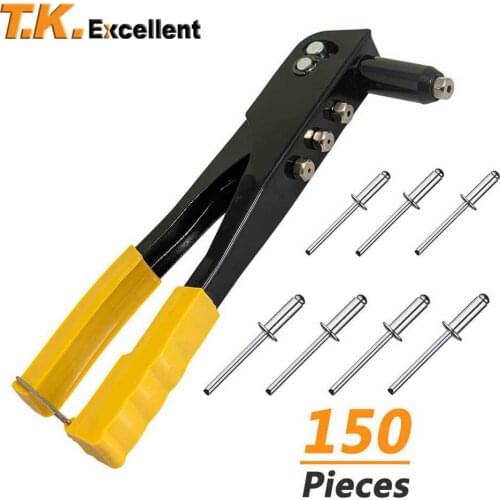 Rivet Gun Kit with 150 Pcs Rivets,Hand Riveter Set, 4 Sizes of Rivet Heads Attached, Hand Rivet Gun Tool for Metal, Wood