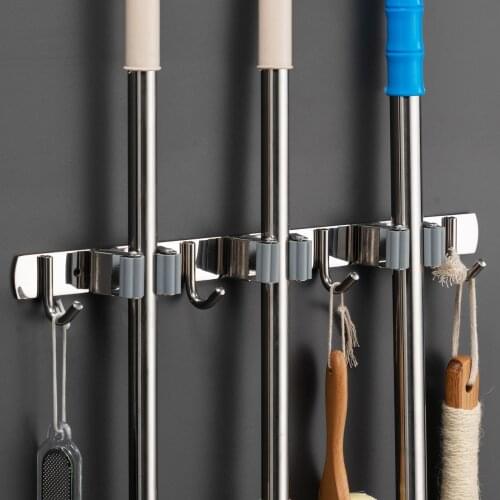 1Pc Stainless Wall Mounted Broom Holder Steel Mop Brush Mops Storage Hanger Hook Broom Mop Rack Closet Organizer Tool Hanger