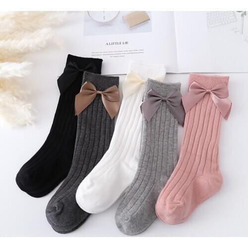 0-3Y Baby Girls Boys Big Bow Socks Cute Candy Color Non Slip Floor Socks Vertical Stripes Cotton Baby Mid Tube Socks