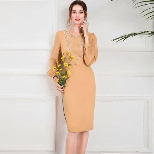 MIUXIMAO 2021 New Autumn Womens Clothing O-Neck Beading Long Sleeve Slim Printing Waist Dress Elegant Fashion Office Style