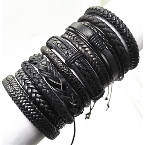 New Design 10pcs /set Black Tree Punk Trendy Black Leather Bracelet Men Weave Wrap Bracelets for women Jewellery