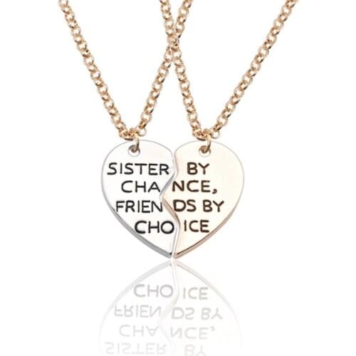 2 pcs/set New Broken Heart Carved Sisters Charm Pendant Necklaces BFF Gold Color Statement Friendship Necklaces