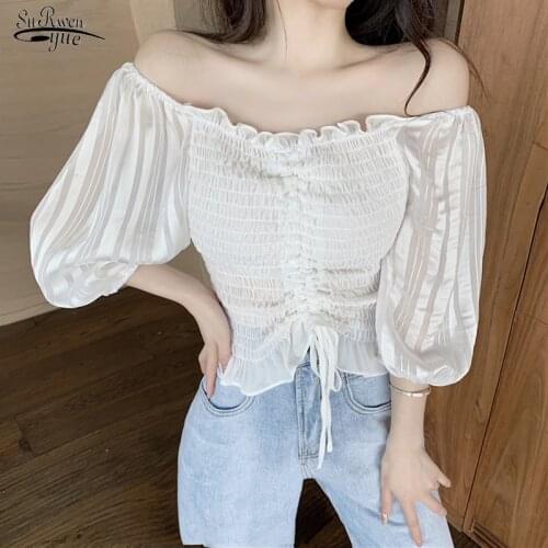 Sexy Slash Neck Short Blouse Chic 2021 Summer Strtched Off Shoulder Women Shirt Solid Lantern Sleeve Tops for Women Blusas 15076