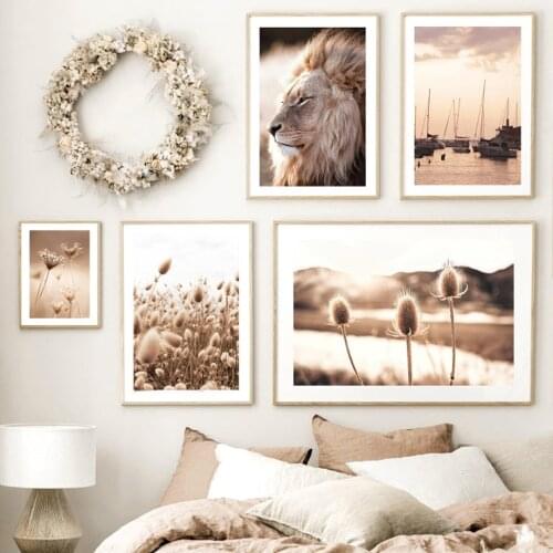 African Lion Zebra Grass Dried Flower Sea Sunset Nordic Poster Wall Art Prints Canvas Painting Decor Pictures For Living Room