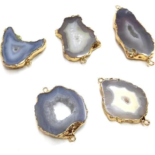 Natural Stone slice Agates Pendants Double hole connector for Jewelry Making DIY Necklaces Accessorie Size 30x40mm-25x5mm