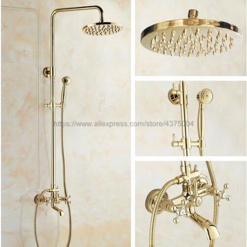 Polished Gold Bathroom Shower Faucet Set Single Handle 8" Rainfall Shower System with Tub Spout + Handshower Ngf342