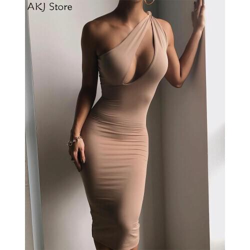 Sexy One Shoulder Bodycon Party Dresses Elegant Women Sexy Hollow out Sheath Slim Bodycon Dress