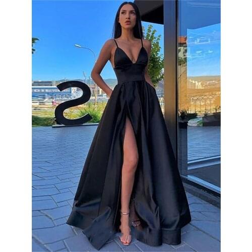 A-Line Minimalist Sexy Prom Formal Evening Dress Spaghetti Strap Sleeveless Sweep/Brush Train Satin with Pleats Split Front 2021