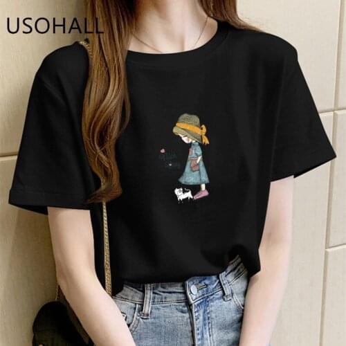 USOHALL 2021 Summer Women Short Sleeve Tops 96% Cotton Printing Ladies Casual T Shirt