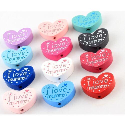 I love mummy pattern Wooden Beads 10pcs Heart Shape Spacer Beads For jewelry Making DIY Wood Pacifier clip Toys 23*30mm