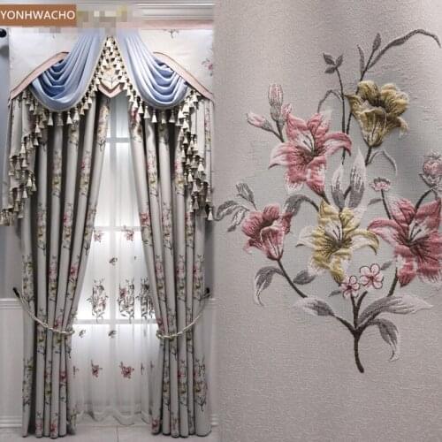 Custom curtain thick chenille European embroidered high-end bedroom villa grey cloth blackout curtain valance tulle panel C749