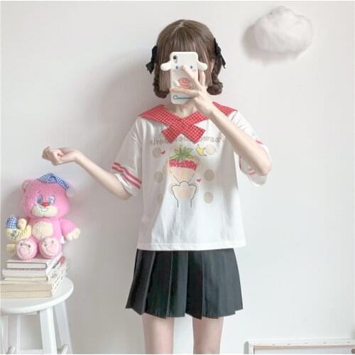 Japanese Style Short-sSeeved Womens T-Shirt Summer Soft Sweet Top Cute Strawberry Printing Sailor Collar Clothing Girl Student