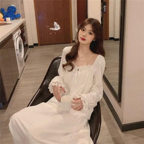 Womens Vintage Nightgown Long Sleeve Lounge Retro Palace Nightdress Female Cotton Korean Loose Princess Lace Cute Sleeping Dress