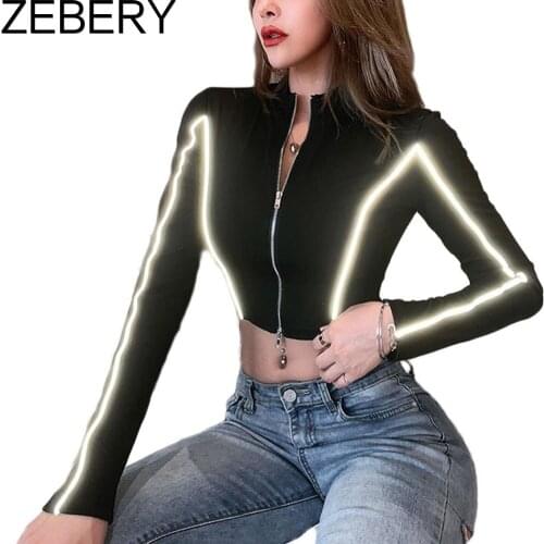 ZEBERY Women Clothing Sexy Crop Tops Y2K Reflective Double Zipper Long Sleeve Balck Slim Coat E-girl Fashion Jacket Sport Shirts