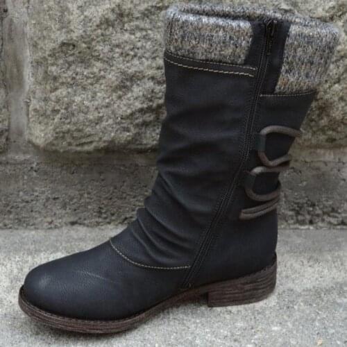 New Retro Woman Shoes Pu Leather Winter Boots Women Fashion Vintage Rivets Round Toe Lace-Up Mid-calf Zipper Boots 43