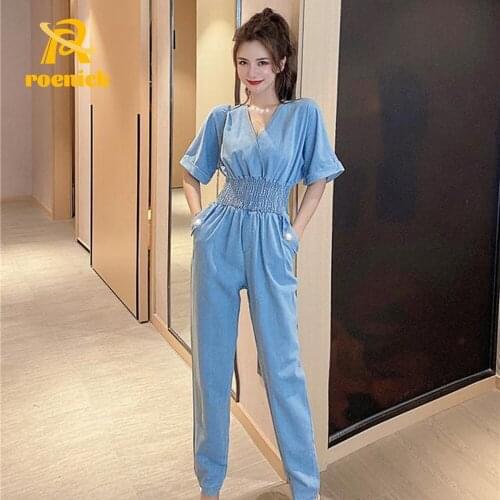 ROENICK Women Retro V-Neck Denim Jumpsuits Design Stretch Waist Slimming Rompers Female Fashion Bat Sleeve Summer Clothing