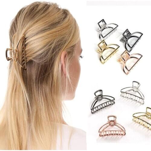 Women Girls Geometric Hair Claw Clamps Metal Hair Crab Moon Shape Hair Claw Clip Solid Color Hairpin Large Size Hair Accessories