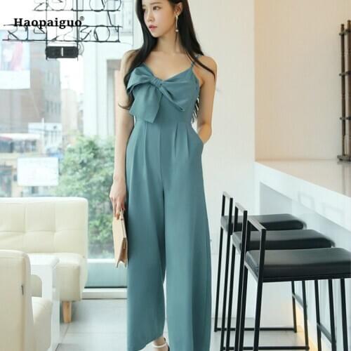 Solid Women Jumpsuits 2019 Spring Blue Sleeveless V-neck Bow Full Length Loose Elegant Casual Office Jumpsuits Work Club Ladies