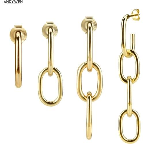 ANDYWEN 925 Sterling Silver Gold Ovals Long Chain Circle Hoops Loops Round Piercing Pendiente Women Ohrringe Earring Jewelry