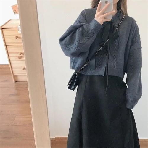 Vintage Gentle Korean Autumn 2pcs Set Lace-Up Knitted Short Sweaters Cardigan + Black Long Sling Dress Women Sweet Kawaii Suit