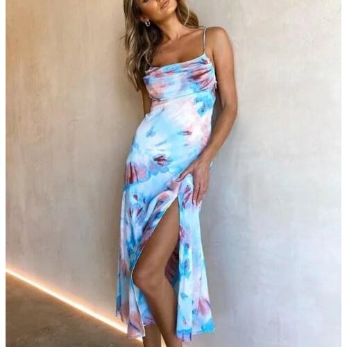 Foridol Tie-dyed Slit Long Dress for Women Backless Maxi Summer Boho Dress Long Sleeveless Print Sundress Blue Vestidos 2021