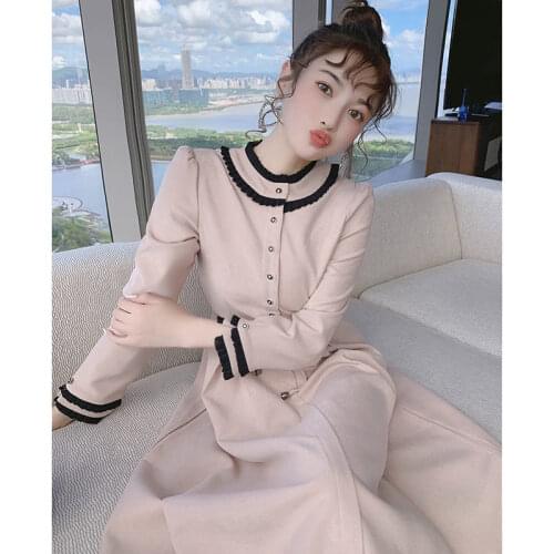Ladies Autumn New Dress Sweet Temperament Office Fashion Stitching Round Neck Button Fungus Over The Knee Dress