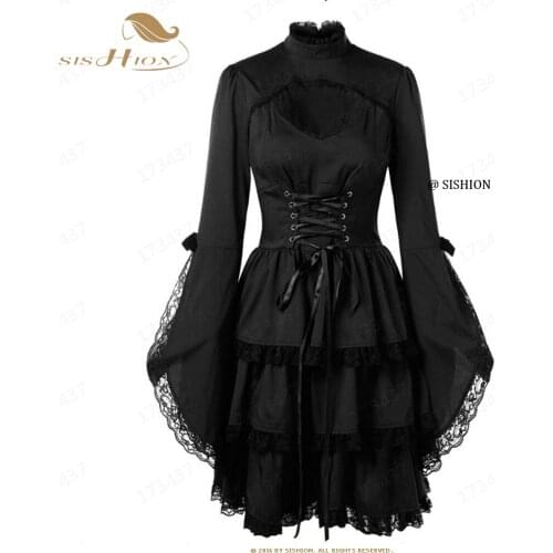 Vintage Elegant Lace Up Goth Retro Party Dresses Women Gothic Punk Dress Long Flare Sleeve Sexy Black Mesh Sawing Dress VD2127