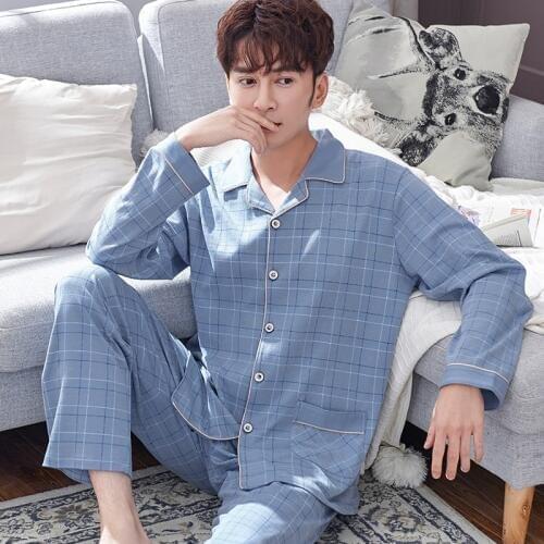 Winter Mans 100% Cotton Pajamas 2 Pieces Lounge Sleepwear Bedgown for Men Plaid Nightgown Home Clothes PJ Pure Cotton Pajamas