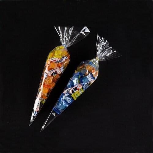 100PCS Clear Plastic Cone Shape Cellophane Bags Transparent Candy Bag Sweet Sugar Popcorn Flower Packing Bag Birthday Wedding