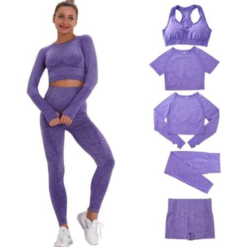 2/3/5pcs Seamless Women Yoga Set Workout Sportswear Gym Clothing Fitness High Waist Leggings Long Sleeve Crop Top Sports Suits