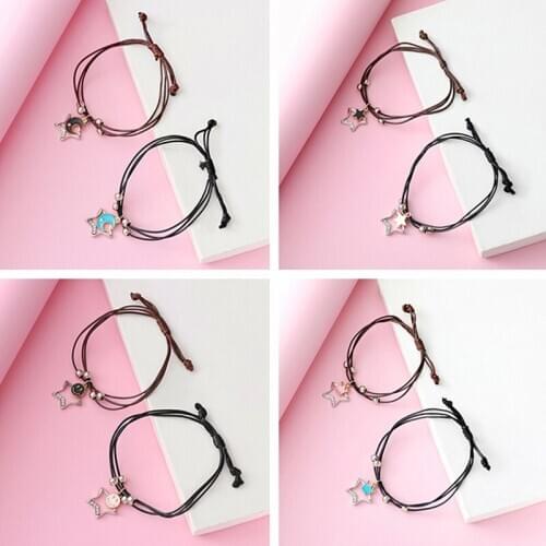 Star Bracelets Flower Moon Heart Charm Crystal Bracelets Adjustable Rope String Couple Bracelets Relationship Gift 1Pair