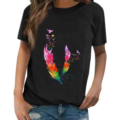 Color Feather Bird Print Funny Women T-shirt Short Sleeve Kawaii Tee Shirt Femme Summer Loose Top Mujer Clothes for Women
