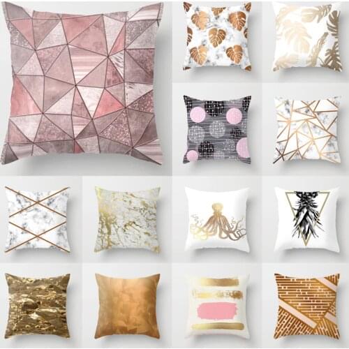 45X45CM Rose Gold Print Cushion Cover Hot Nordic Geometric Plants Leaves Pillowcase Decorative Polyester Sofa Throw Pillow Cover